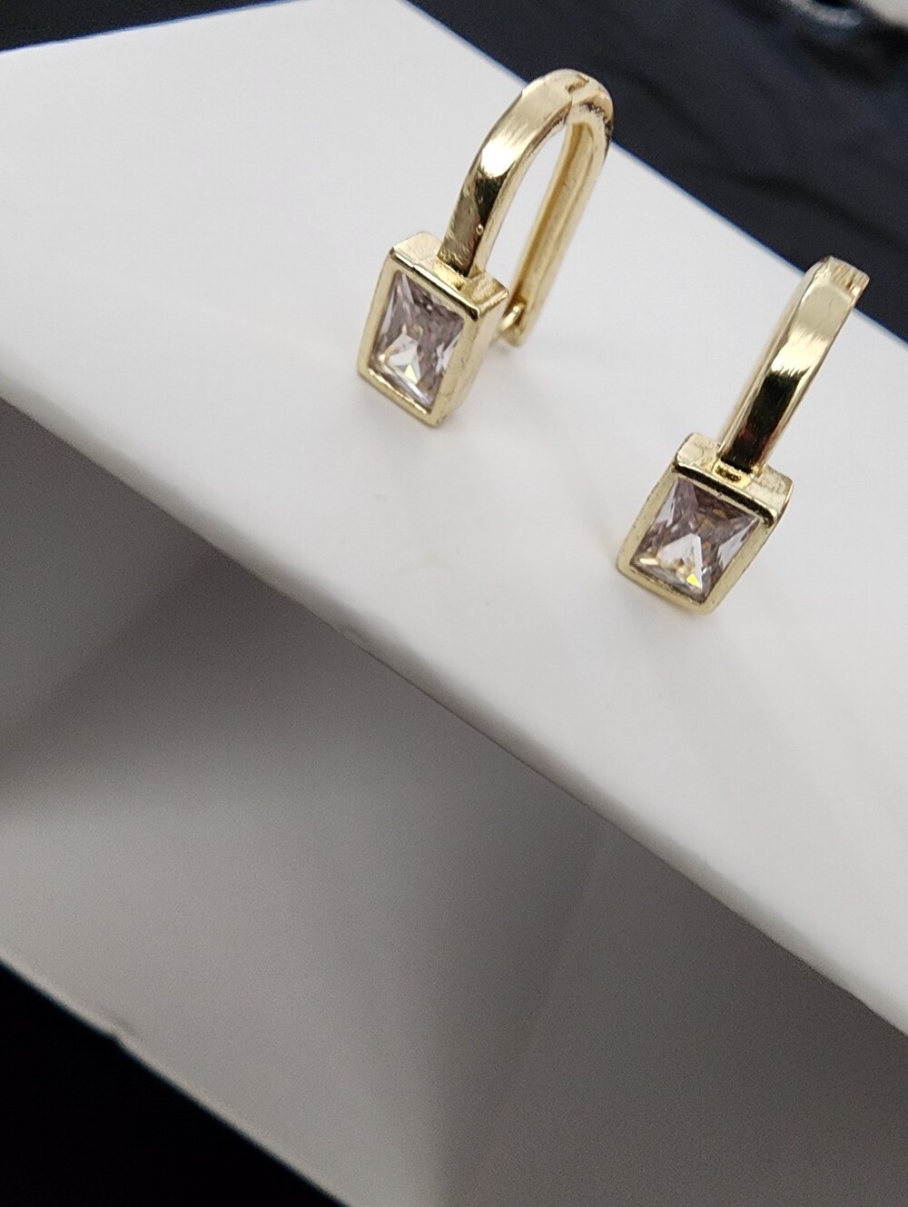 Gold Tone Hoop Earrings with Clear Rectangular Stones - Women Jewelry